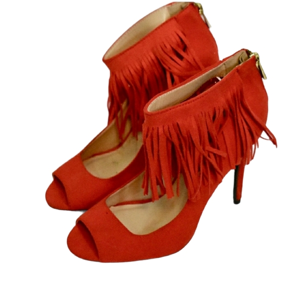 Women's Qupid Orange Red Fringe Ankle Strap Heels 8 - Picture 1 of 5